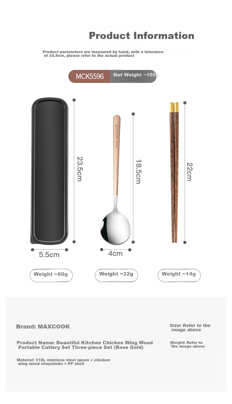 MAXCOOK 316L Stainless Steel Spoon Wooden Chopsticks Tableware Set, Chicken Wing Wood Portable Chopsticks Spoon Three-Piece Set MCK5596 6
