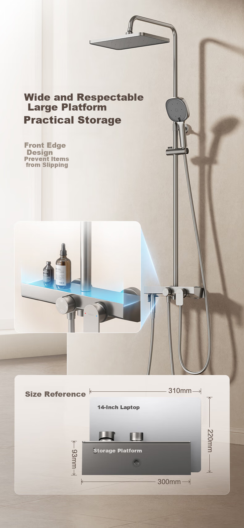 HEGII Shower Set S3, Descaling Self-Cleaning Top Spray Head, Large Storage Shelf, Bathroom Bathing, HMF936-333 7
