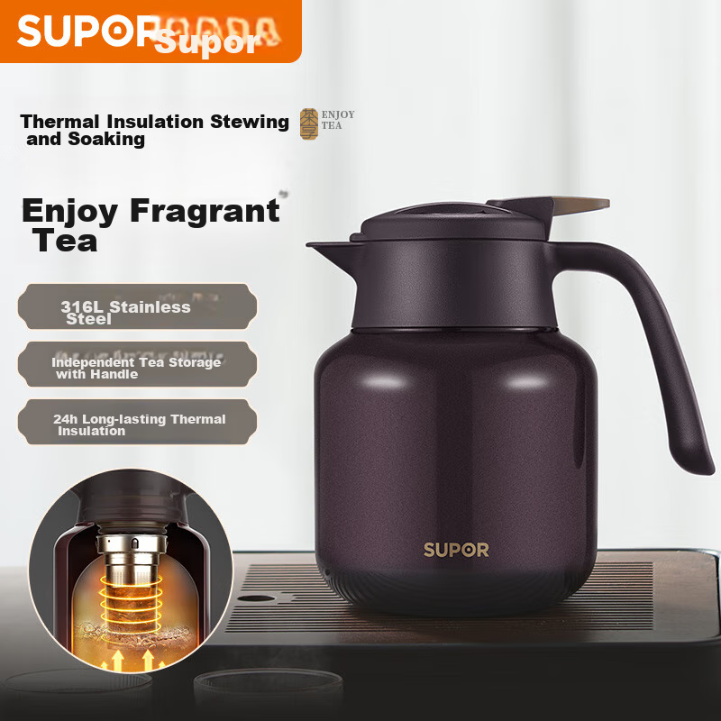 Supor Tea Infuser Pot, Home Use Tea Steeping Thermos, Large Capacity Water Kettle, 316L Stainless Steel Insulated Bottle, Hot Water Kettle, Sand Gold Red