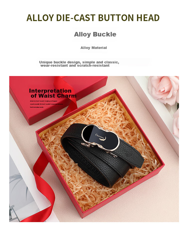CROCODILE Top-Grain Leather Women's Belt with Automatic Buckle, Fashionable Business Style Waistband for Men's Trousers, Birthday Gift for Women 3609 3