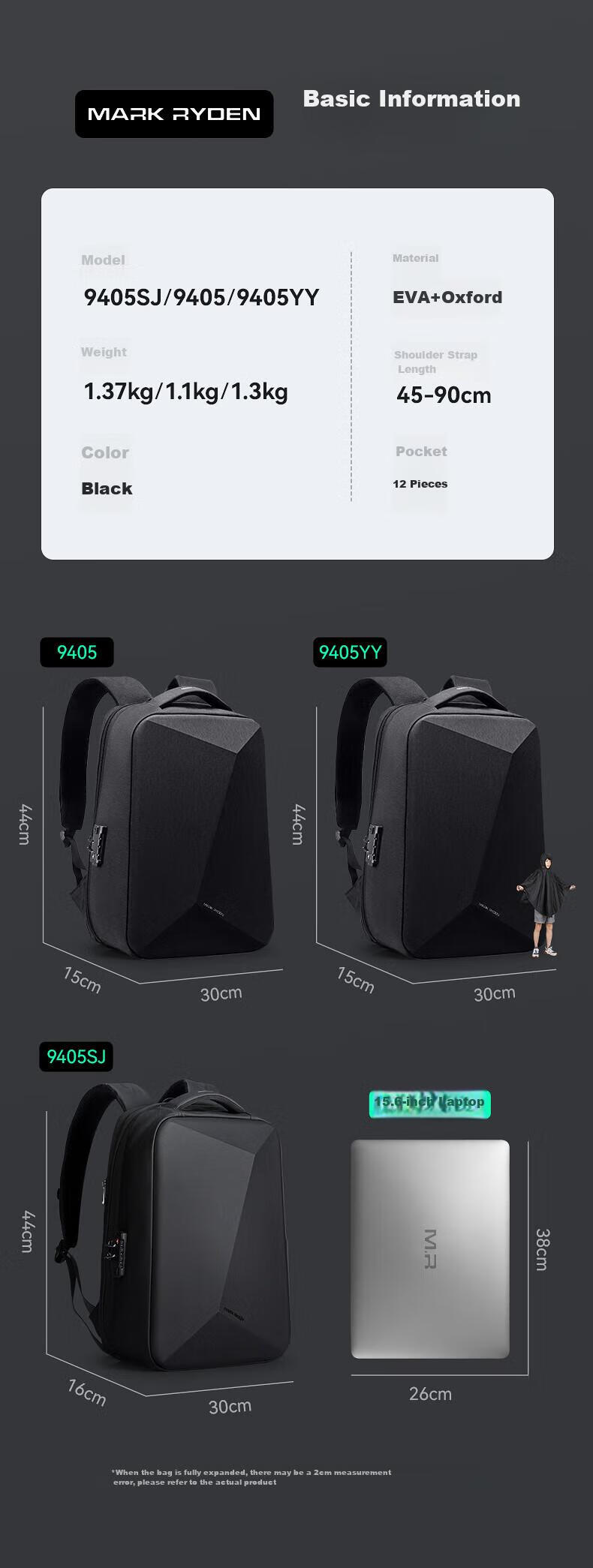 MARK RYDEN Backpack for Men, Double Shoulder Bag, 15.6-Inch Gaming Laptop Bag, Motorcycle Travel Bag, Schoolbag MR9405 Elegant Black Raincoat Style 6