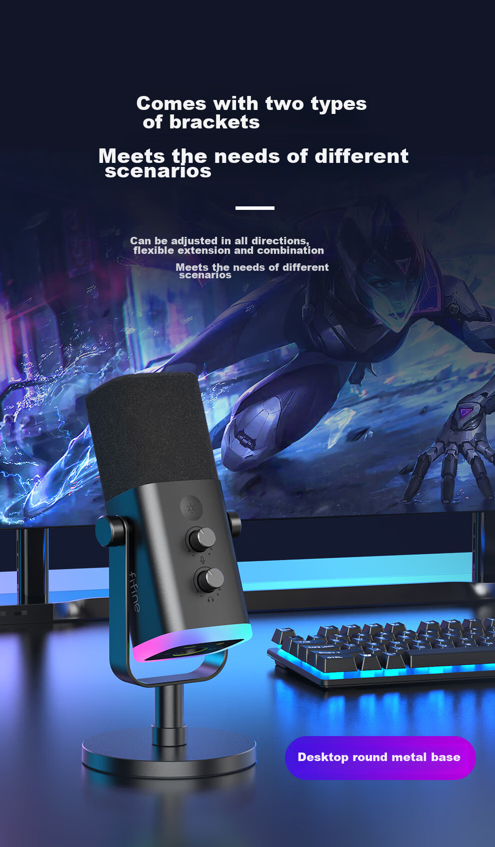 FIFINE Dynamic Noise-Cancelling USB Computer Microphone for Desktop Streamers, Live Streaming, Gaming, Recording, Karaoke, Video Use, with External Sound Card Support, Desktop RGB Microphone, Wired Microphone AM8 Black 16