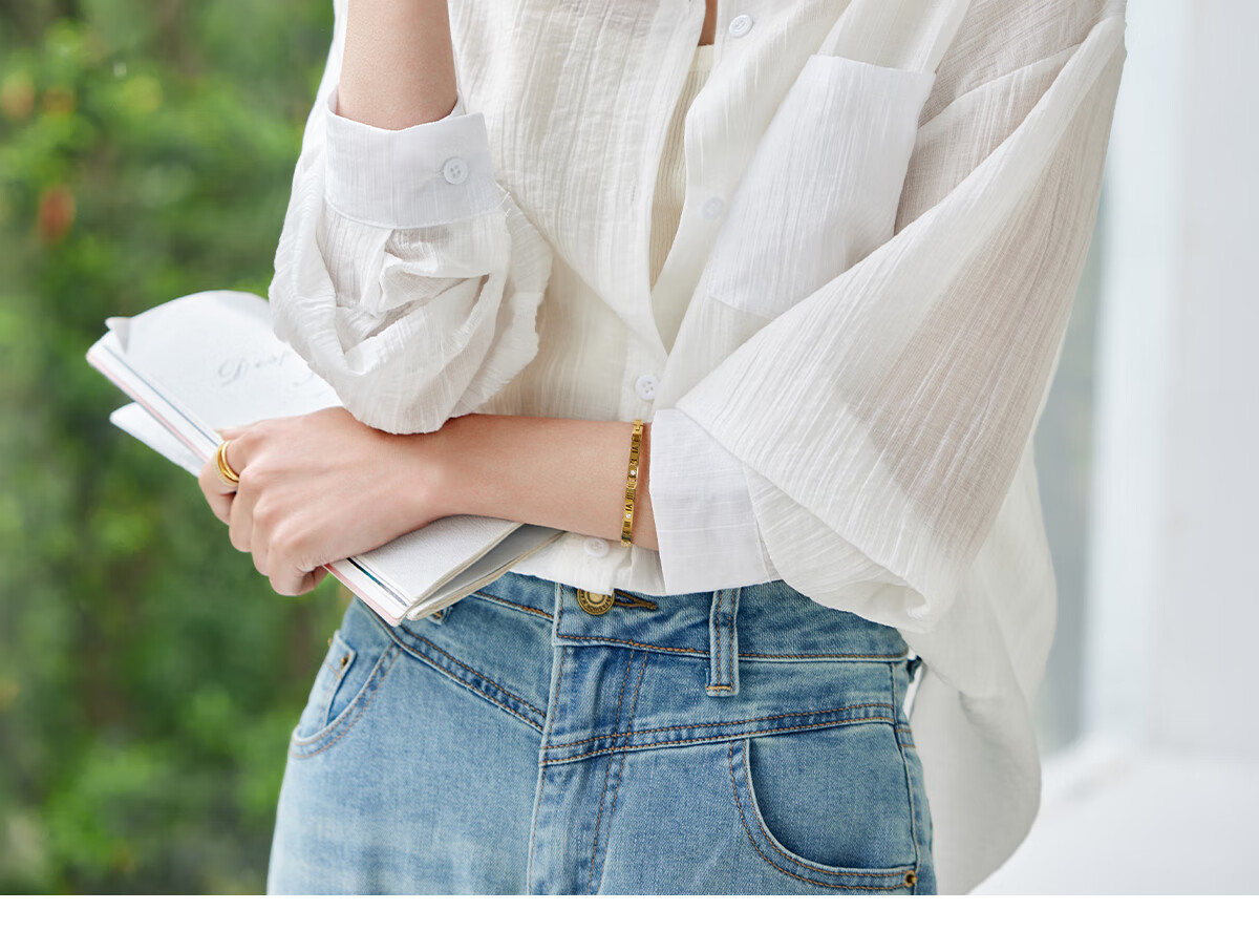 Chushen Thin Long-Sleeve Shirt for Women, Loose-Fitting Versatile See-Through Vacation Casual Jacket Top S144C2684 White L 20