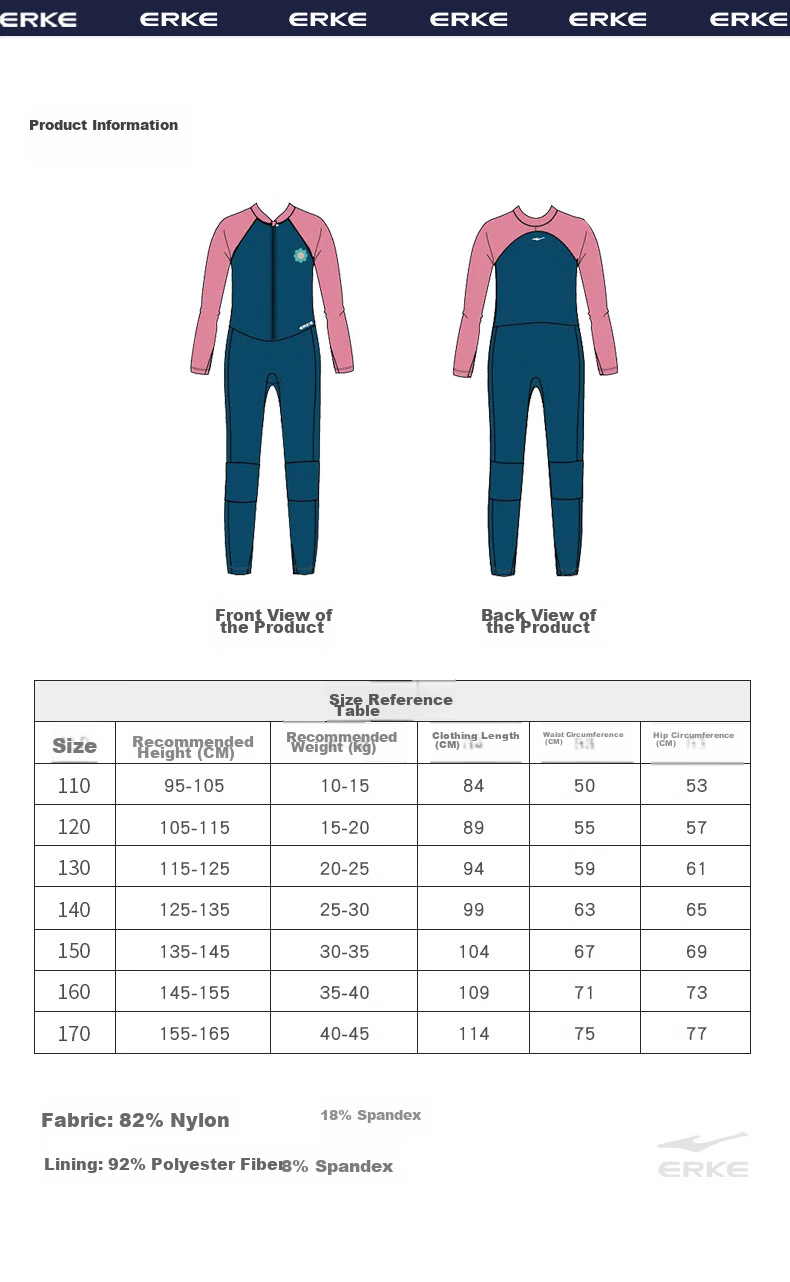 ERKE Girls' Long Sleeve Long Pants One-Piece Swimsuit Sunscreen Quick-Drying Comfortable Breathable Swimming Equipment 5
