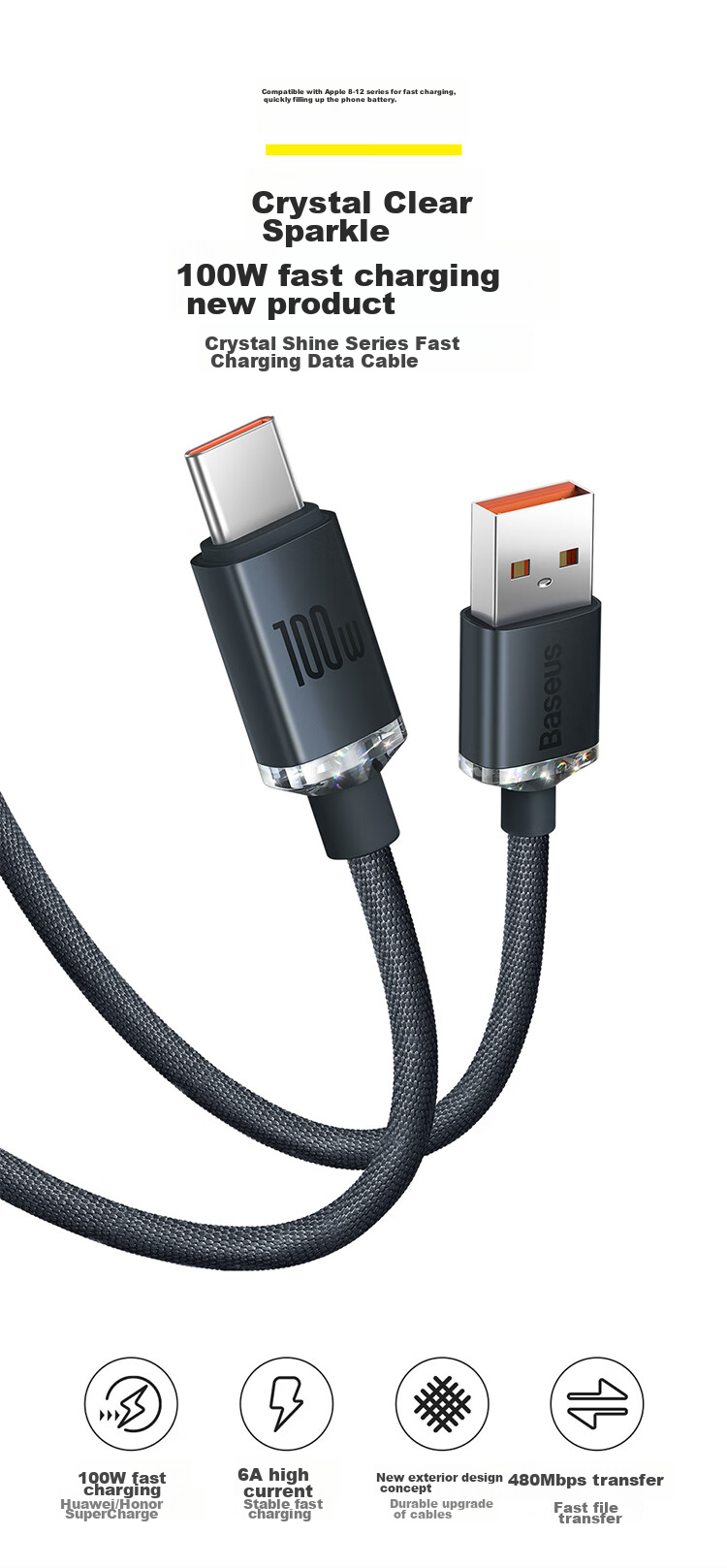 Baseus Type-C Data Cable Compatible with 66W Huawei 6A Charging Cable for Huawei Mate70Pro/P600/500 Honor 100W Super Fast Charging, 2 Meters Blue 1