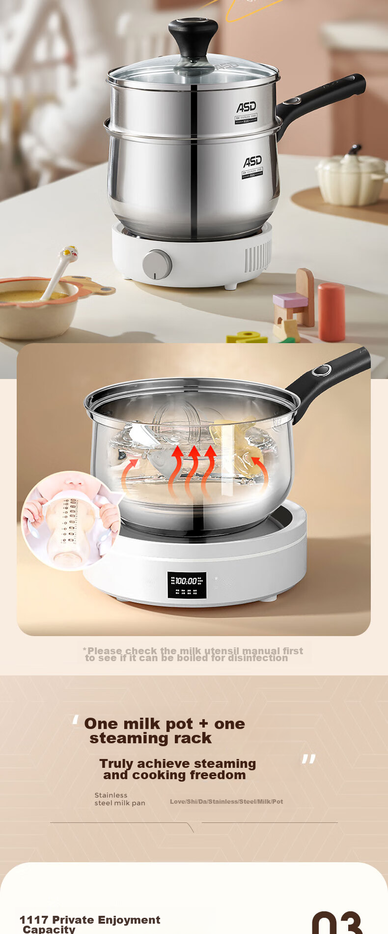 ASD Milk Pot, 304 Stainless Steel, 16CM, Baby Food Pot, Compatible with Induction And Gas Stoves, Soup Pot, NS16B1WG 9