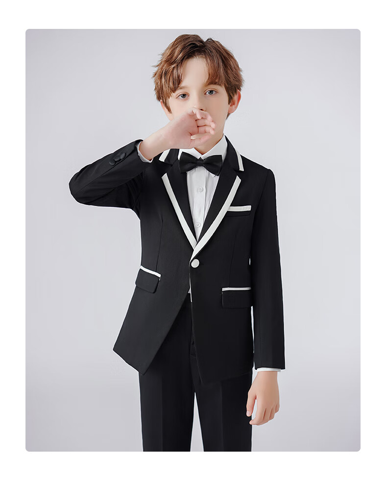 Luomeng Children's Suit Set for Boys, Host Formal Wear, Piano Performance Outfit, Flower Girl Performance Costume, Black And White Trim, Size 110 8