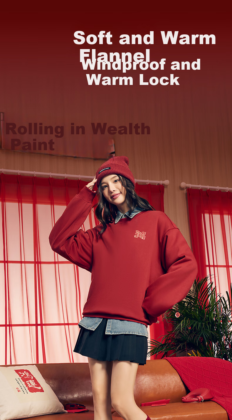 ERKE Rolling Wealth | Fleece-Lined Sports Crew Neck Sweatshirt New Year Style for Men And Women, Couples' Zodiac Year Red Clothing Base Layer 5