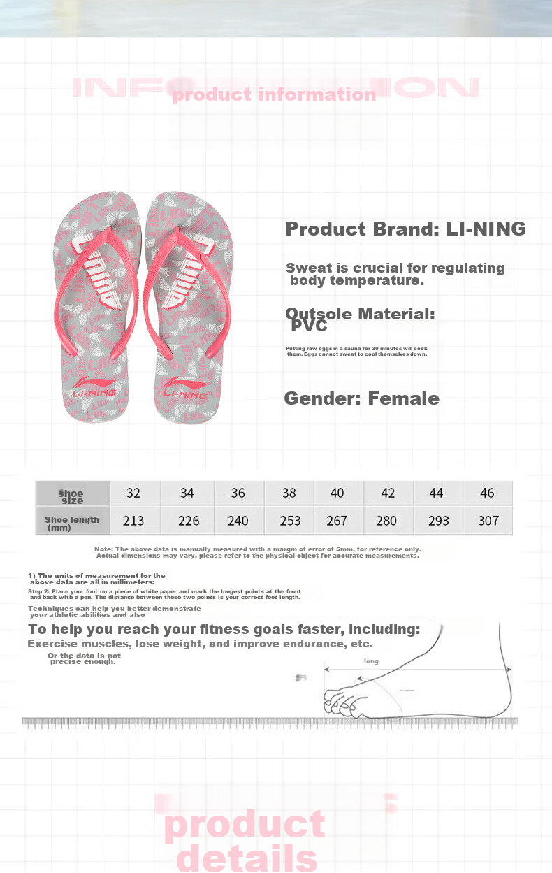 Li-Ning Flip-Flops, Women's Summer Outdoor Wear, Thong Sandals, Non-Slip Fashionable Slippers, Beach Shoes, Sandals 12