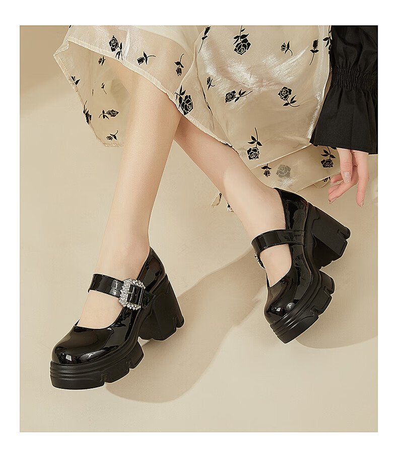 DAPHNE Chunky High Heels, Women's Elegant Versatile Velcro Mary Jane Shoes, Women's Leather Shoes, Black, Size 40 15