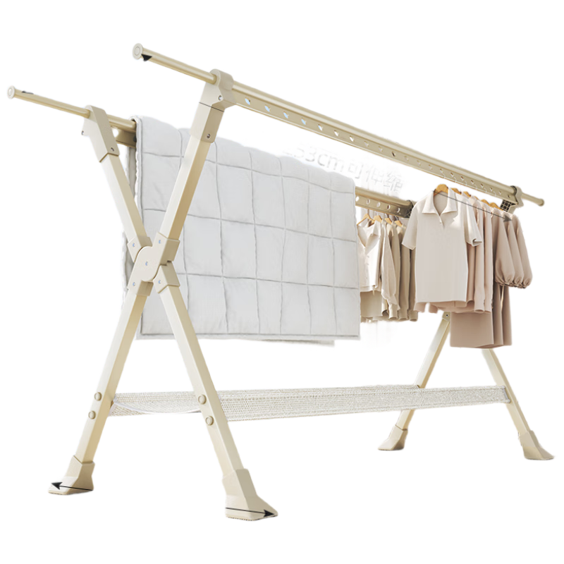 Cenggao Foldable Clothes Drying Rack, No Installation Required, Indoor Balcony Adjustable Height Clothes And Quilt Drying Stand, Milk White Color, Adjustable Height 1.5 Meters