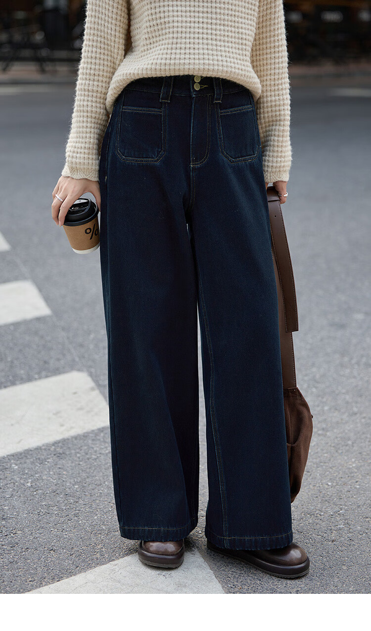 Dme Simple Blue Straight-Leg Pants Winter Style Double-Buckle Wide-Leg Design Fleece-Lined Jeans for Wome 13
