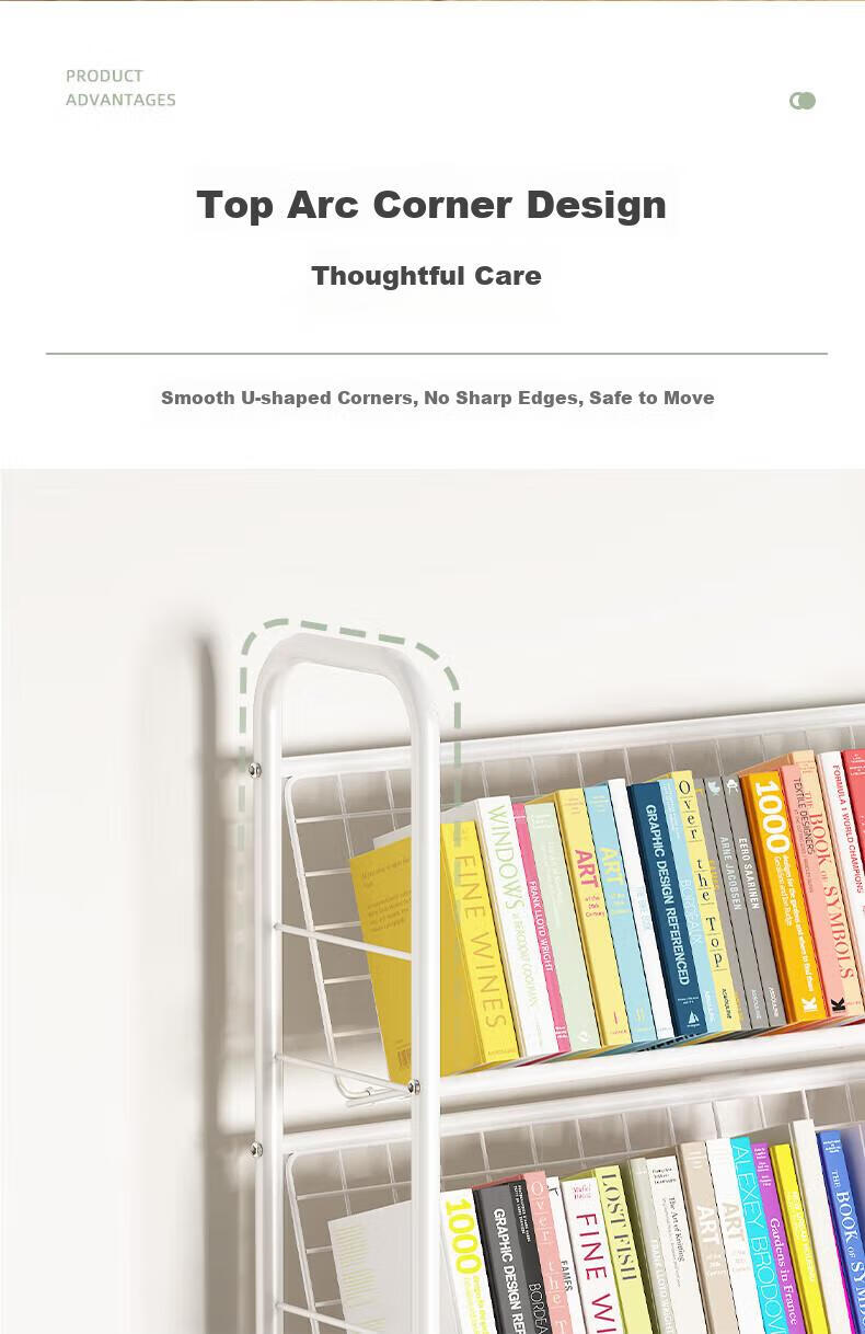 Anerya Mobile Bookshelf with Wheels, Iron Art Small Bookcase for Living Room, Picture Book Rack, Storage Shelf, 4 Tiers 3
