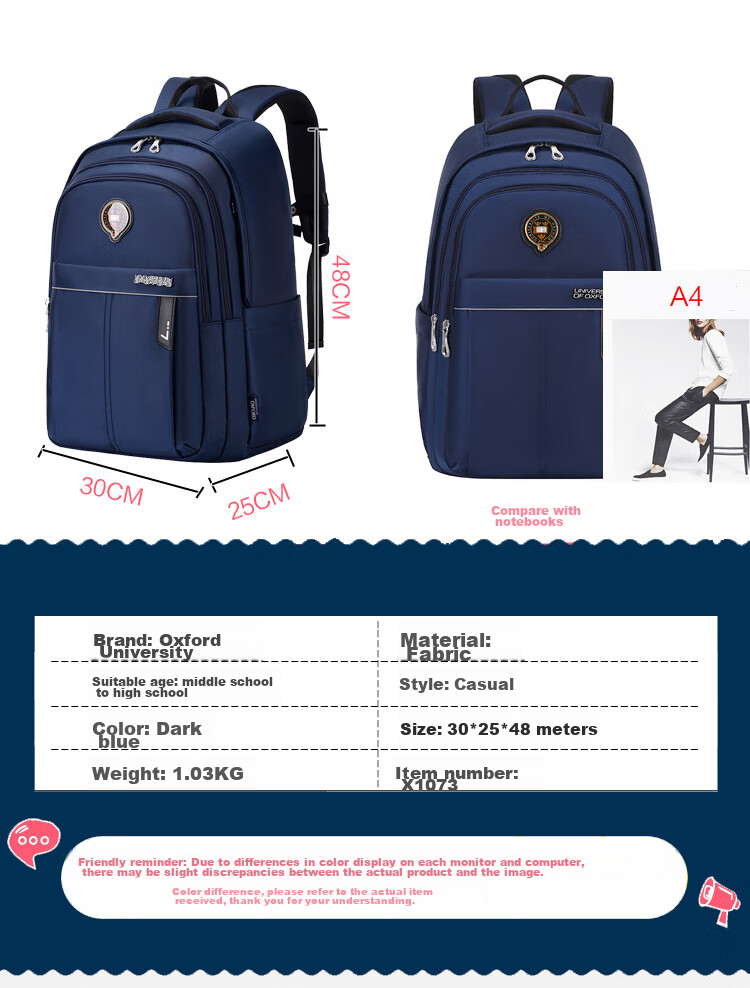 UNIVERSITY OF OXFORD Backpack for Male And Female Middle School Students, High School Students' Shoulder Bag, Lightweight Travel Backpack X1073 Dark Blue 21