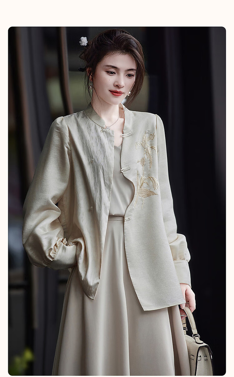 Dme [Gentle Oriental Beauty] Autumn Chinese-Style New Shirt with Stand Collar, Slanted Placket, Frog Buttons And Embroidery, Women's Blouse Top 2