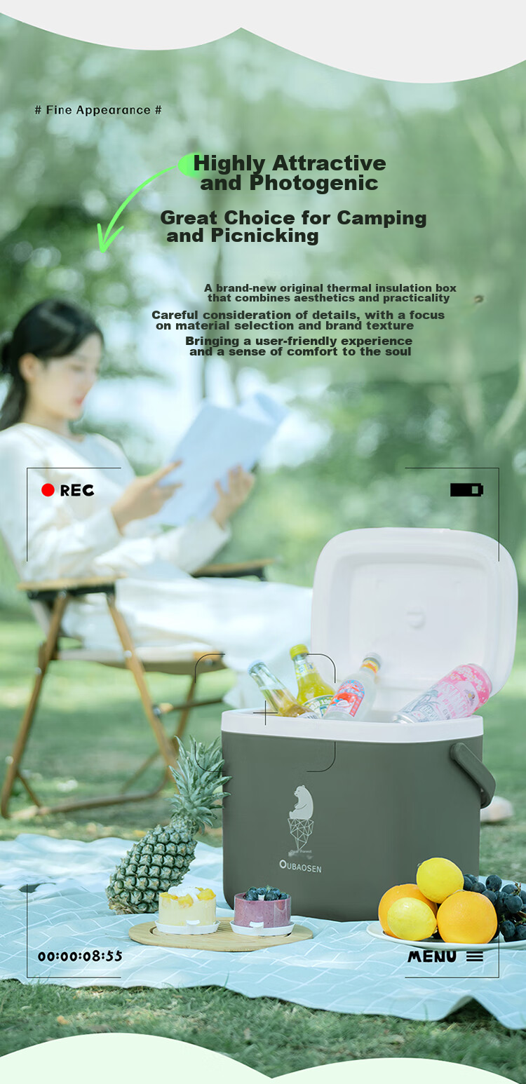 Oubaosen 24-Liter Insulated Cooler Box, Outdoor Refrigerator, PU Foam, Green Camping Ice Box 4