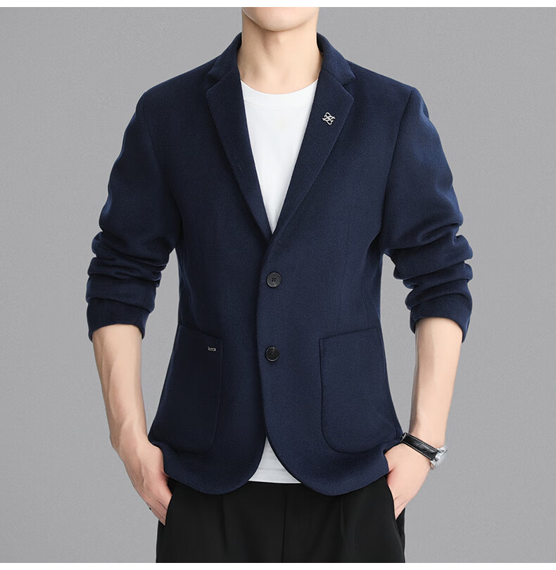 ROMON Men's Wool Blend Blazer Spring Autumn Business Casual Single Suit Coat Warm Jacket XF87 Dark Blue L 10
