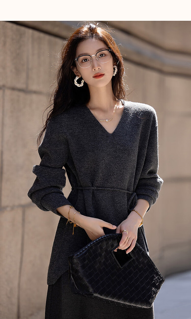 Dme French Ladylike V-Neck Adjustable Elastic Waist Knit Sweater Women's Top, Dark Gray, S 11