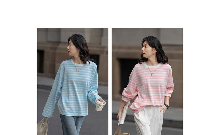 Dme [Coastline Diary] Spring Korean-Style Waffle Gradient Striped Top, Loose-Fitting, Flattering, Versatile Women's Sweatshirt 3