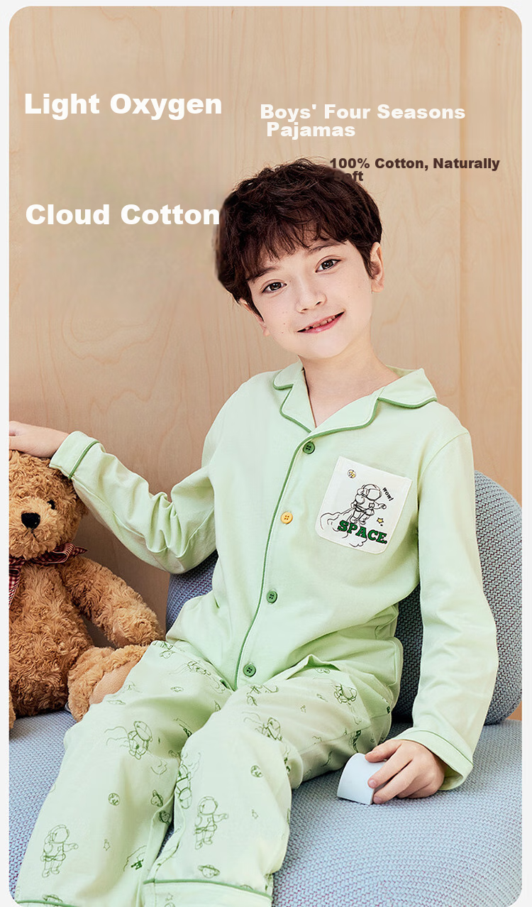 Dingguagua Children's Pajama Set, Spring And Summer Long-Sleeve Pure Cotton Boys' Loungewear, Class A Breathable, Blue, Size 140 1