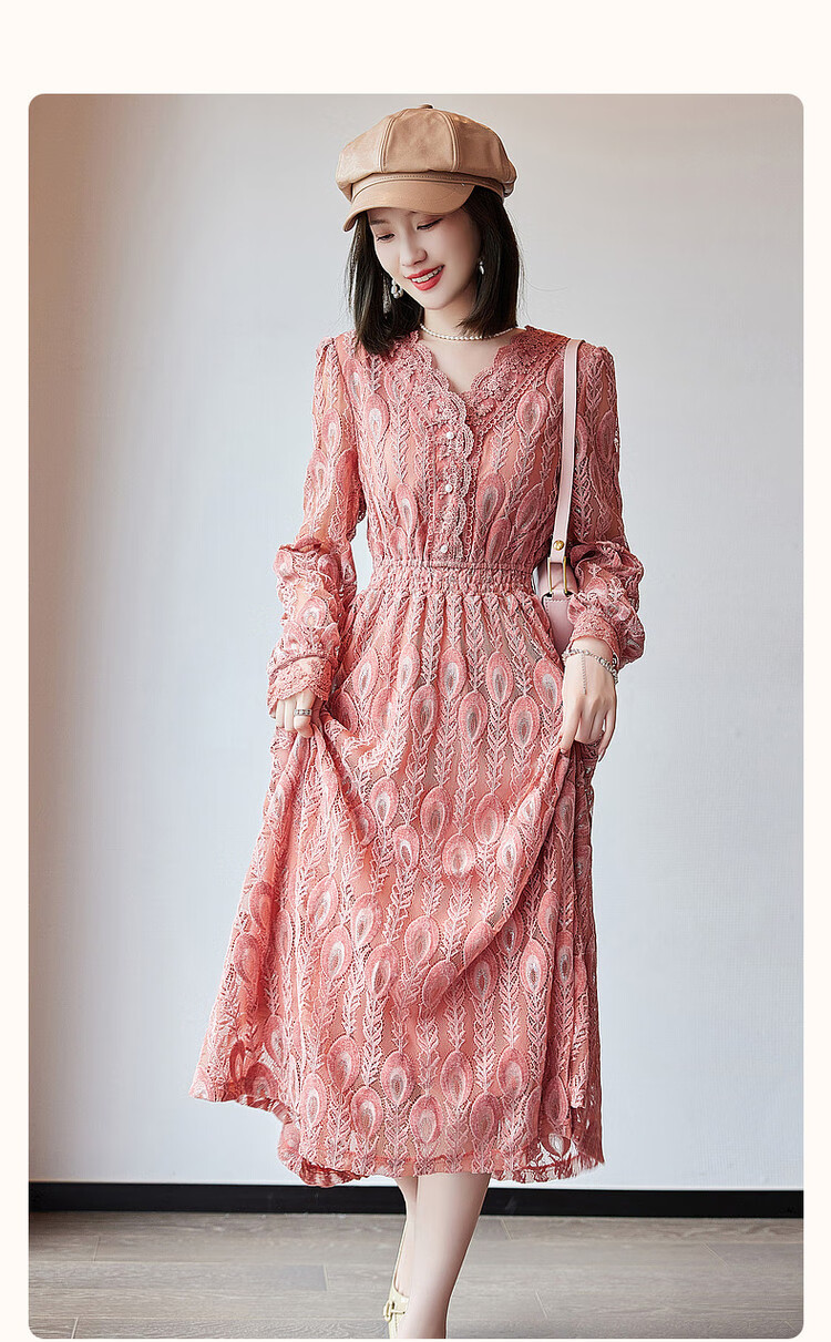 Dme [Retro Lace Design] Autumn French V-Neck Elastic Waist Puff Sleeve Midi Dress for Wome 2