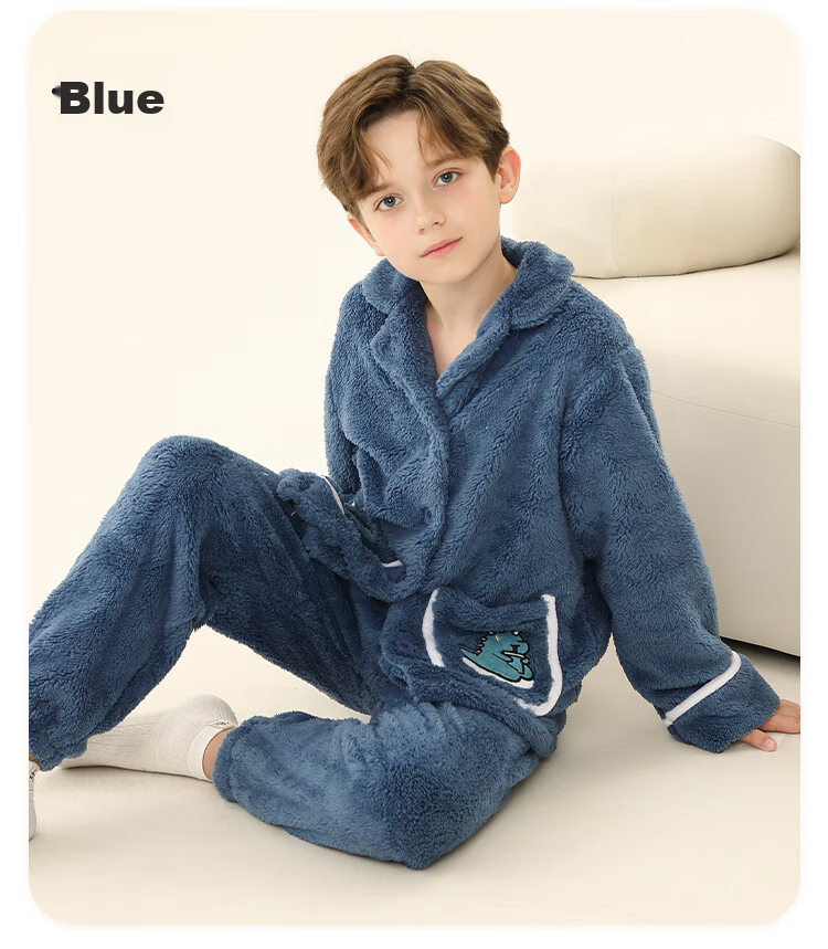 LangSha Children's Pajamas for Boys, Autumn And Winter Thickened Sleepwear for Older Children, Teenagers And Toddlers, Flannel Lapel Home Wear, Warm Set 15