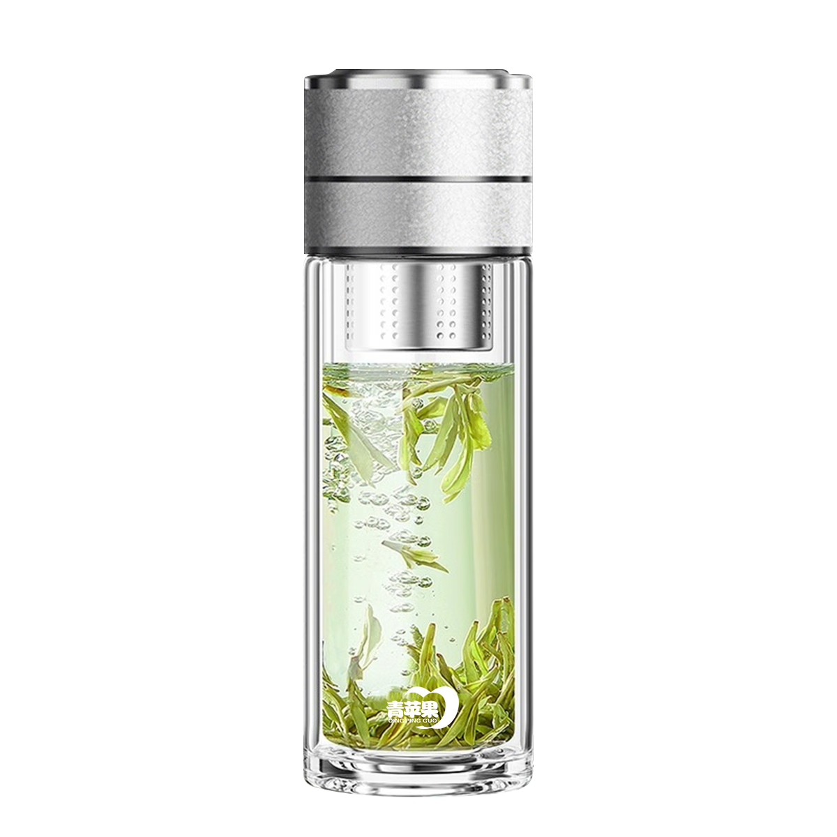 Green Apple Tea Infuser Cup 350ml Double-Layer Glass One-Button Lid Tea Brewing Cup Gift for Leaders and Elders New Year Present