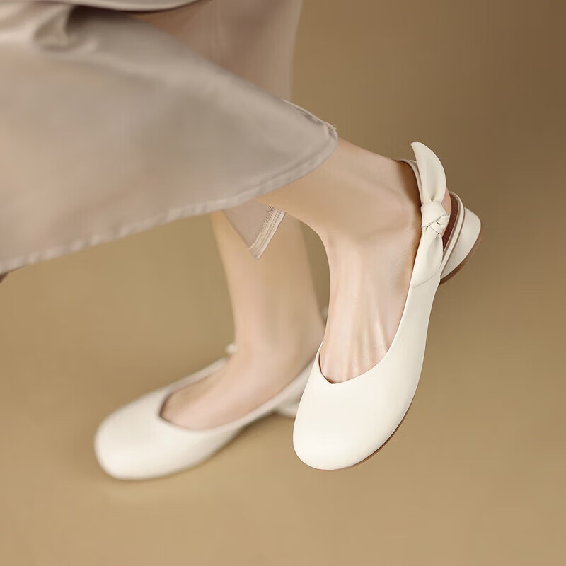 ZHR Women's Sandals with Bowknot, Elastic Band, Versatile Single Shoes, Fairy Style Elegant Women's Shoes Y702 Beige Size 37