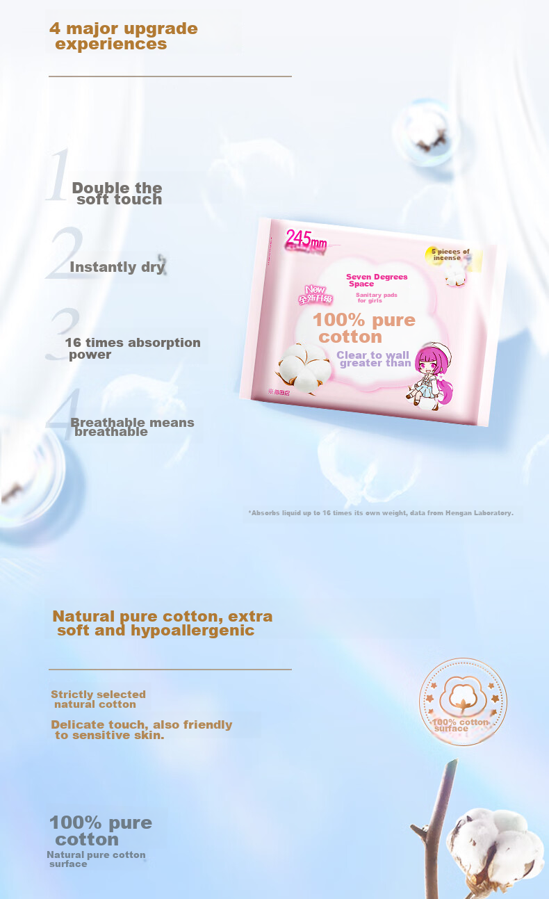 SPACE 7 Girls' Ultra-Thin Breathable 100% Pure Cotton Skin-Friendly Extra Long Overnight Sanitary Napkins, 338mm, 12 Pieces [New National Standard Certified] 2