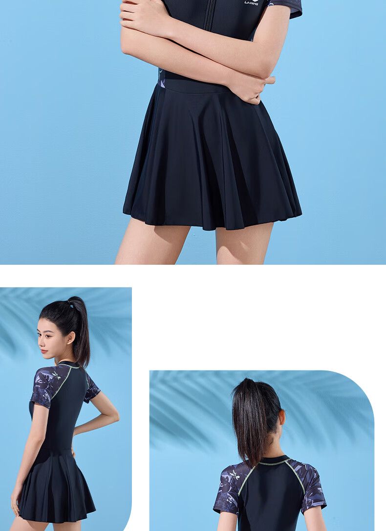 Li-Ning One-Piece Swimsuit for Women, Skirt-Style, Boyshort, Body-Shaping, Waist-Cinching, High-Elasticity, Breathable, Hot Spring Resort Swimwear, 502 Black Floral Pattern, Size M 16