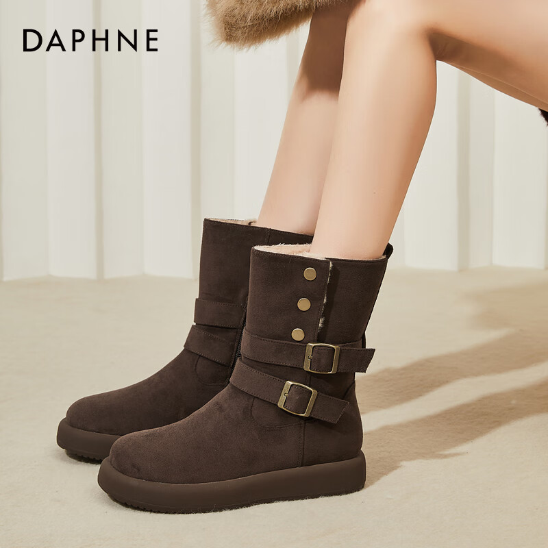 DAPHNE Women's Fleece-Lined Snow Boots New Winter Warmth Cold-Resistant Student Thick-Soled Mid-Calf Height-Increasing Cotton Boots Coffee Color Size 37