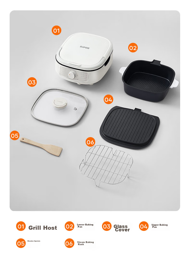 SUPOR Electric Griddle with Detachable Upper And Lower Plates, Steamer Pot Hot Pot Wok, Pancake Maker Sandwich Machine Breakfast Maker 75mm Deep Adjustable Heat JT2828R864 18