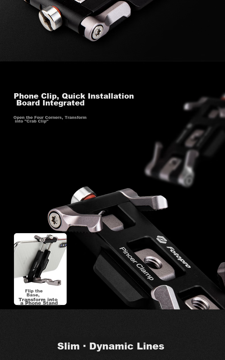 Fotopro Pincer Clamp, All-Metal Multi-Purpose Phone Holder, Swallow-Tail Groove Phone Clip, Acrylic Universal Quick-Release Plate 2