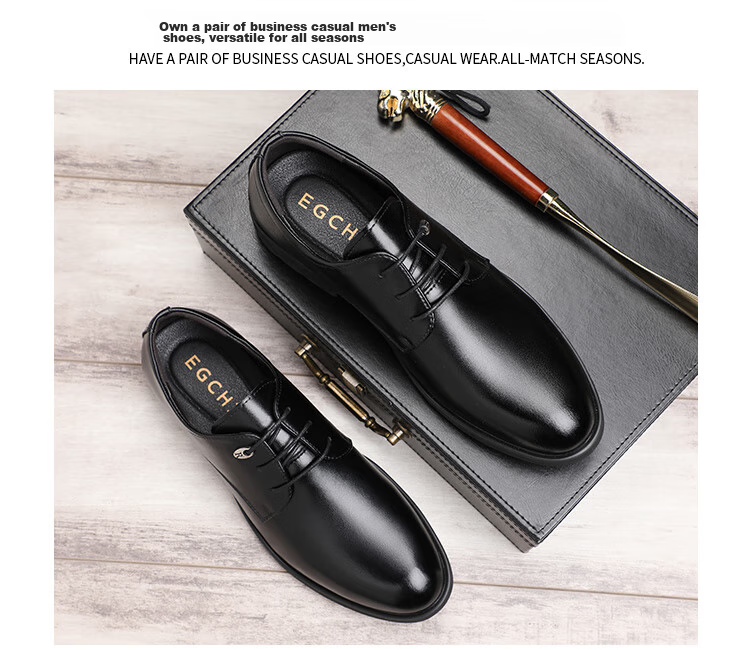 EGCHI Men's Leather Shoes, Business Formal Dress British Style Commuter Shoes, 1618 Black (Height-Increasing Version), Size 44 17