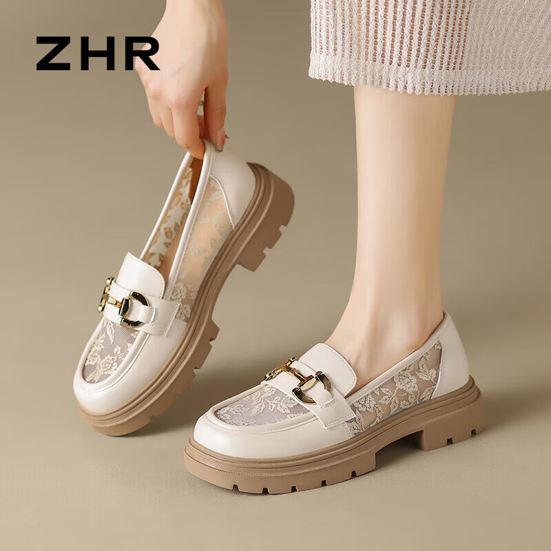 ZHR Women's Loafers with Soft Soles, Versatile Mesh Breathable Flats, British Style Chunky Heel Women's Shoes FTEP06E Beige 37