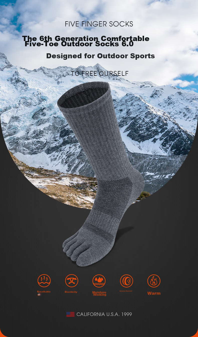 TFO Competition-Grade Outdoor Five-Toe Socks, Durable Breathable Hiking Split-Toe Socks 2202357 Men's Black 2