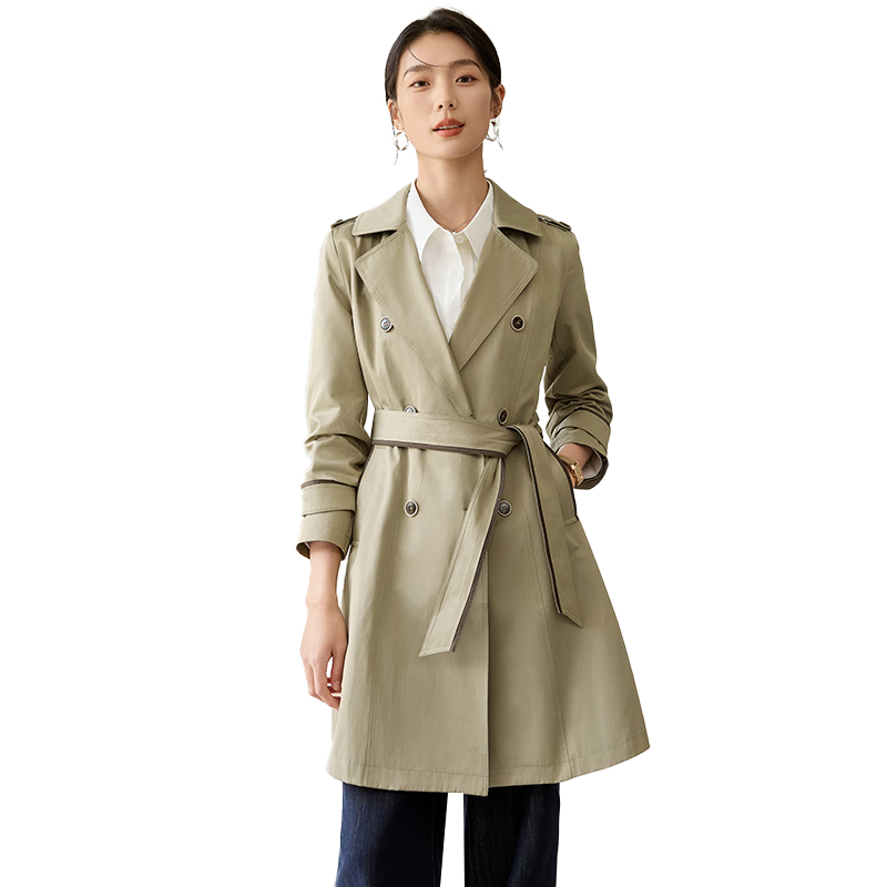 Chushen Spring And Autumn Double-Breasted Windbreaker for Women, Mid-Length, Elegant Classic H-Type Waist-Cinching Slimming Coat S51D003