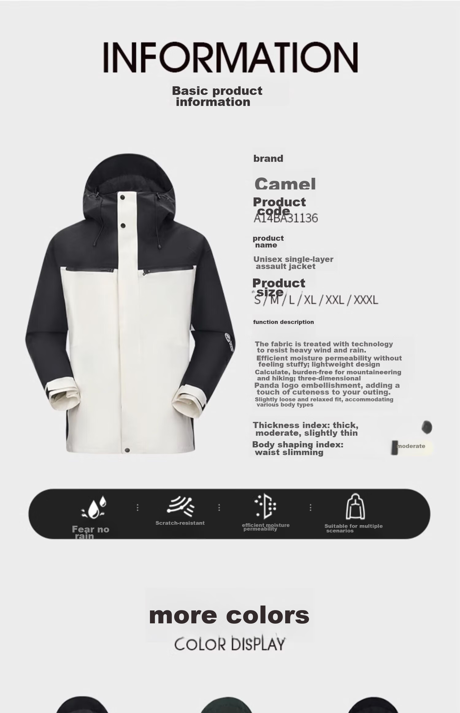 CAMEL Unisex Single-Layer Hard Shell Lightweight Waterproof Windproof Mountaineering Jacket [Panda Series] 1136 L 10