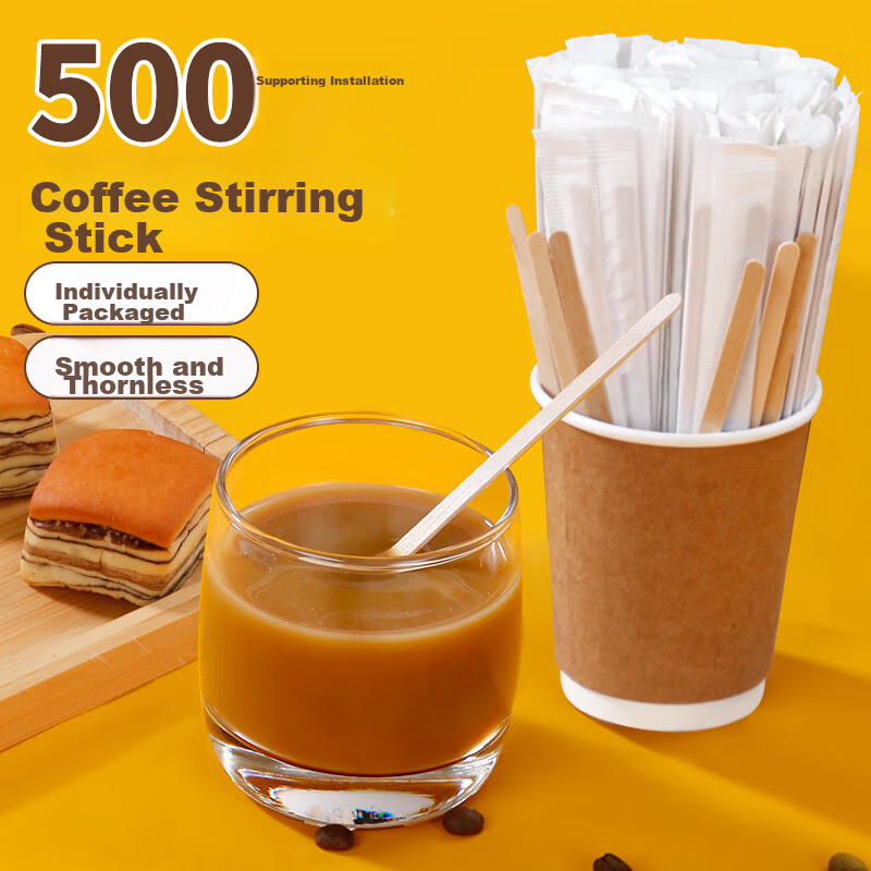 SHUANG YU Disposable Coffee Stirrers [500 Pieces, 14cm], Wooden Biodegradable Individually Wrapped