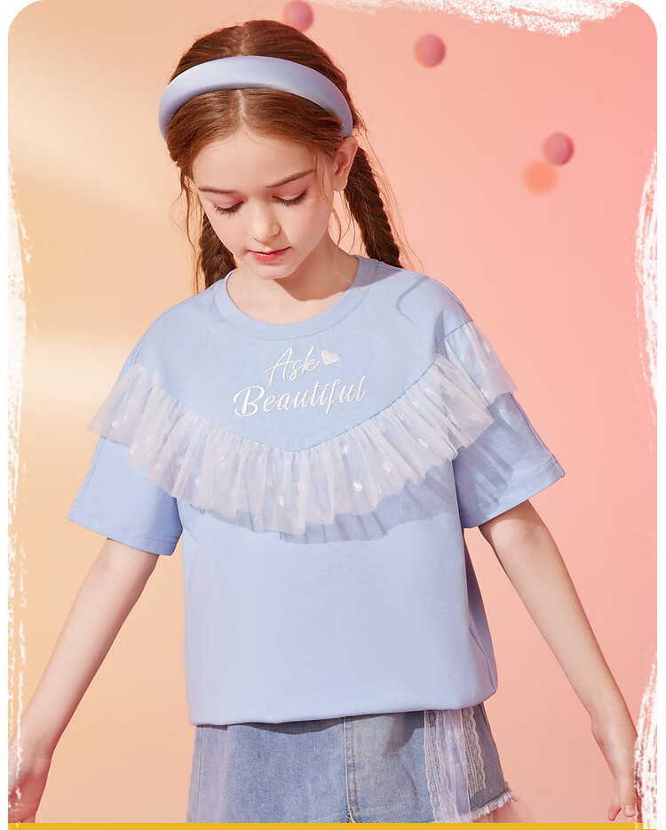 ASK JUNIOR Children's Short-Sleeve T-Shirt, Summer 2026, Girls' Mesh Top with Letter Print, for Older Kids, Blue, Size 120 2