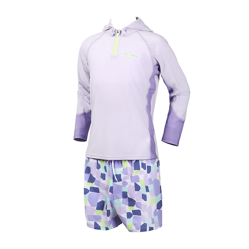 Li-Ning Children's Swimwear, Girls' Long-Sleeve Sun Protection Two-Piece Surfing Suit, Printed Swim Trunks, Hot Spring Swimming Gear, 0292 Purple, Size 160