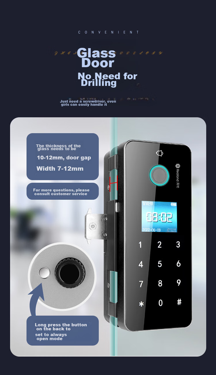 Realand Glass Door Fingerprint Lock, Access Control Smart Electronic Password Lock, Office Glass Door Lock, No Drilling Required, No Wiring Needed, Bluetooth Mini Program Attendance Lock, ZD-108 9