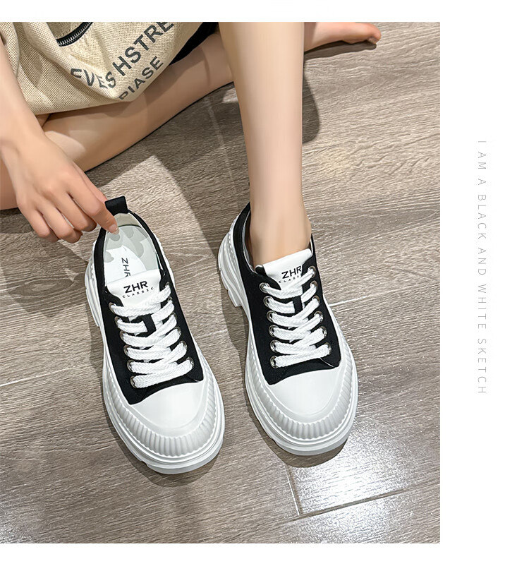 ZHR Canvas Shoes for Women, Lace-Up Thick-Soled Heightening Women's Shoes, Simple Versatile Casual Shoes, QT05 Black, Size 37 10