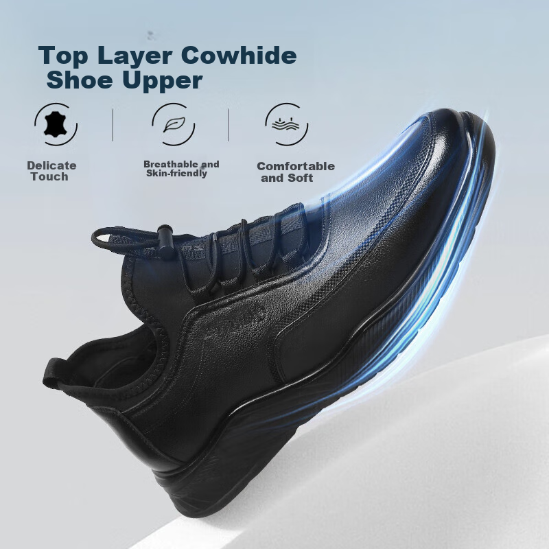 Qiangren Casual Shoes for Men, Top-Grain Leather, Extra Large Size Leather Shoes, Breathable Sports Oversized Men's Shoes, JD73097, Black, Size 45