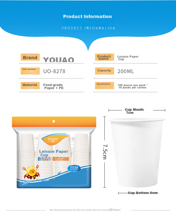 YOUAO Disposable Paper Cups, 1000 Pieces, 200ml Thick Eco-Friendly Cups in Box (10 Packs), Commercial Office Wholesale 2