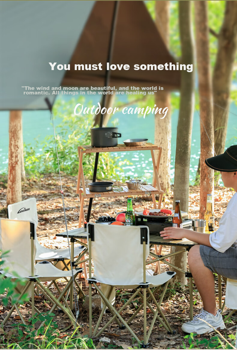 Woteman Outdoor Folding Table And Chair Set, Egg Roll Table, Long Table, Lightweight Portable, for Street Vending, 5-Piece Set, Tea Brewing around The Fire 1