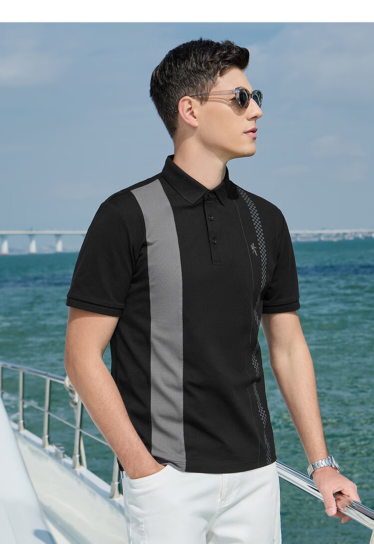 DANCING WOLVES [5A Antibacterial] Long-Lasting Shape-Retaining Solona Spliced Short-Sleeve POLO Shirt for Men, 001 Black, XL(180) 8