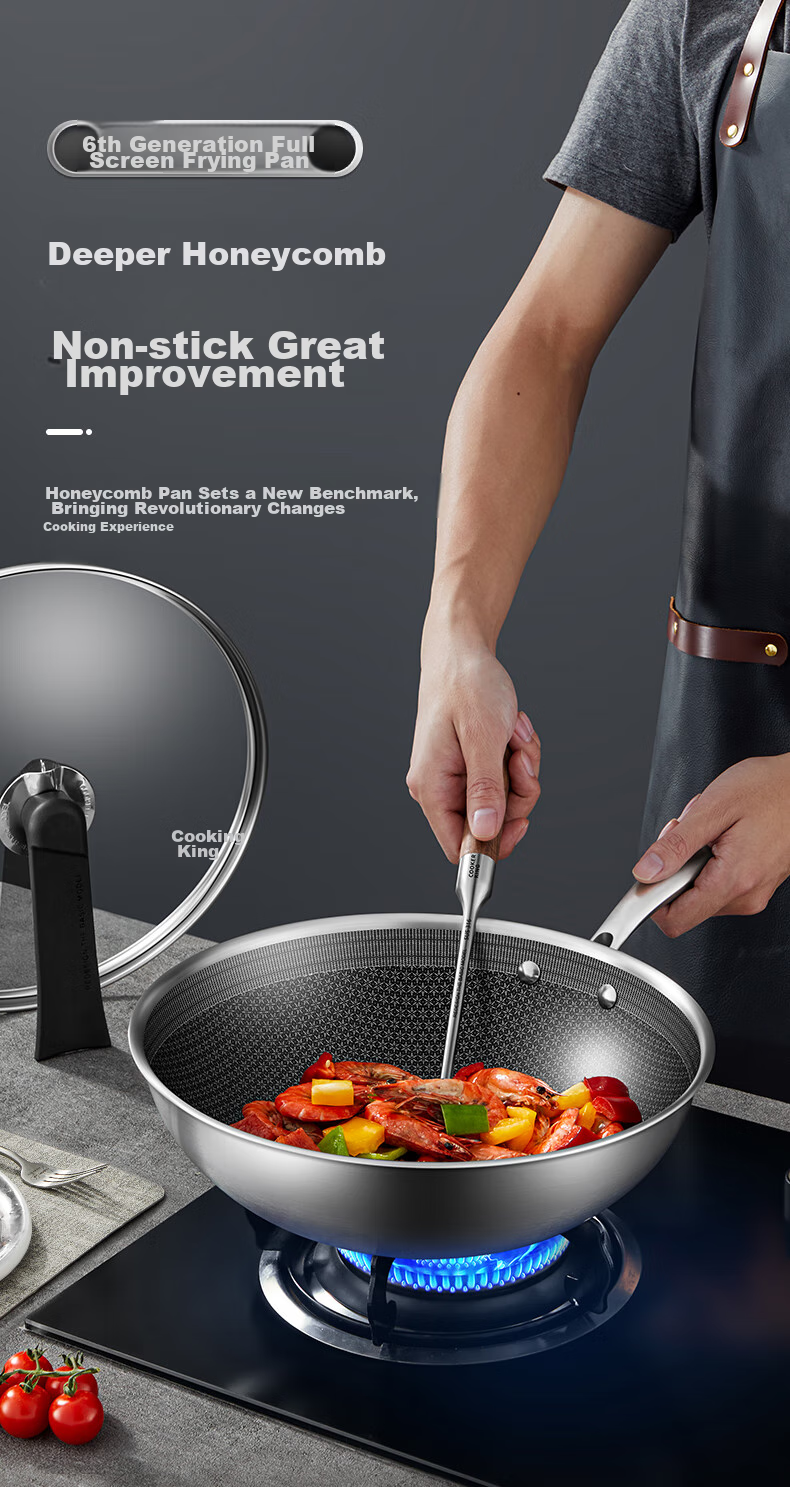 COOKER KING Wok, Honeycomb Pattern 304 Stainless Steel Flat Bottom Non-Stick Frying Pan, Double-Sided Screen Wok, 32CM 1