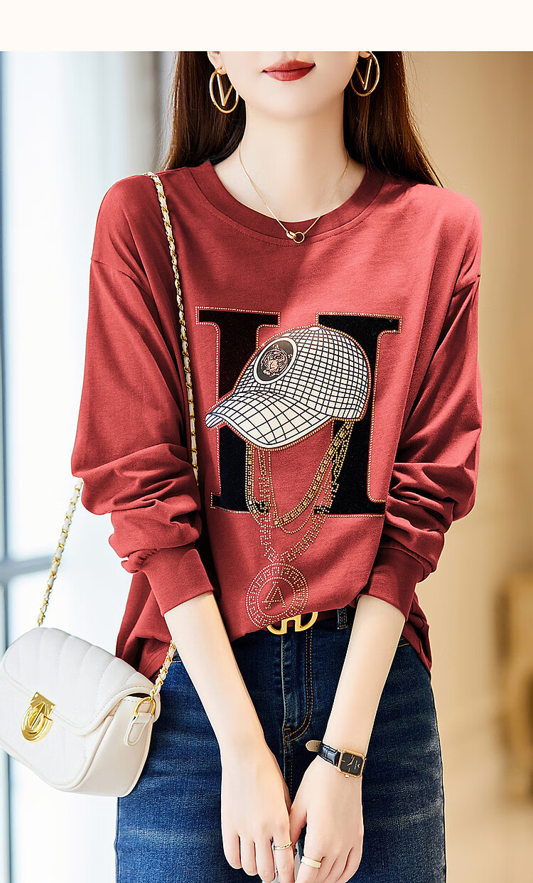 Dme Spring And Autumn Cloud Soft Cotton Long Sleeve Sporty Design Rhinestone Women's T-Shirt, Pink, XL 15