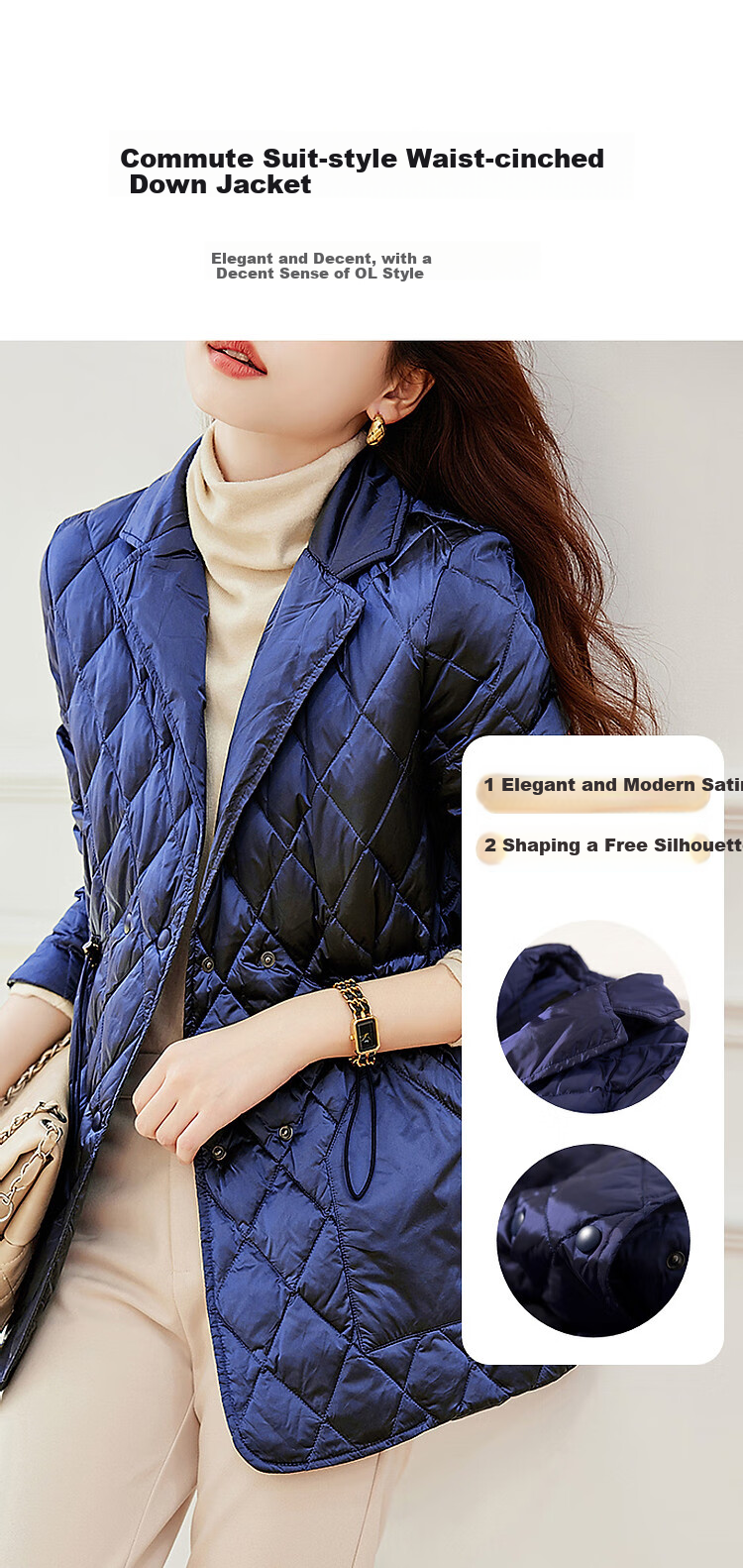 Dme Diamond Pattern Short down Jacket, Winter Commute Style, Lapel Collar, Drawstring Waist, Diamond Pattern Suit Style down Jacket for Women, Short Style 2